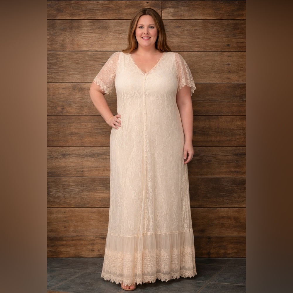 Lace Button-Front Maxi Dress /Duster in Cream Beige - Lightweight Boho Style